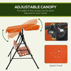 Orange swing chair with adjustable canopy, striped cushions, black A-frame support