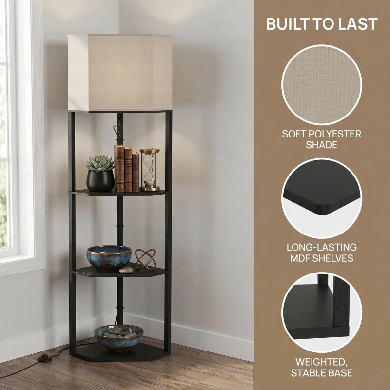 Black floor lamp with soft fabric shade, MDF shelves, and weighted base