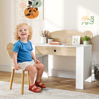 Kids desk and chair set with drawer; natural wood tabletop and bear-shaped chair back