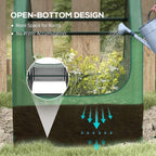 Green greenhouse cover over planter bed with open-bottom design for airflow