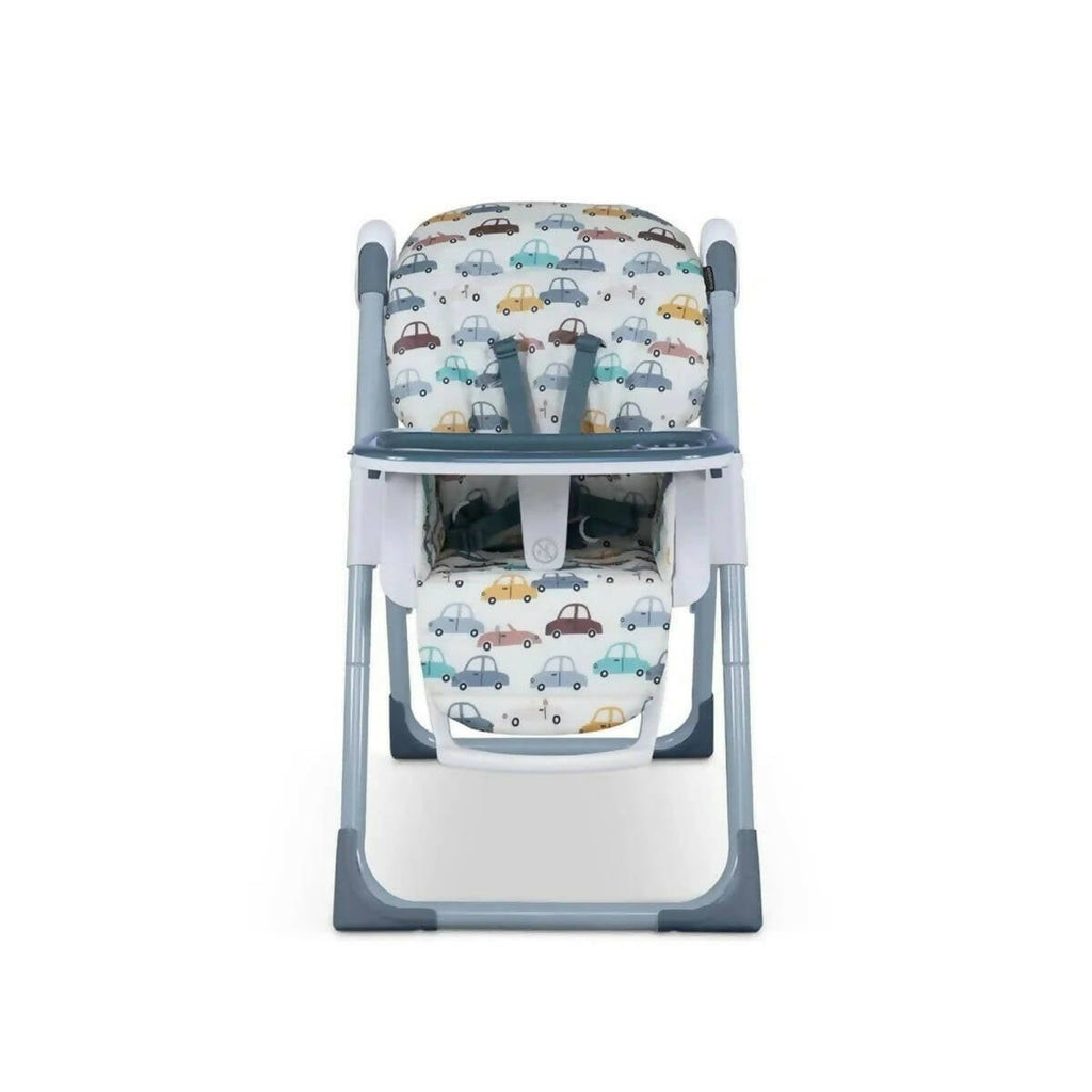 Cosatto Pip 0+ high chair with car-pattern cushion, five-point harness, and white tray
