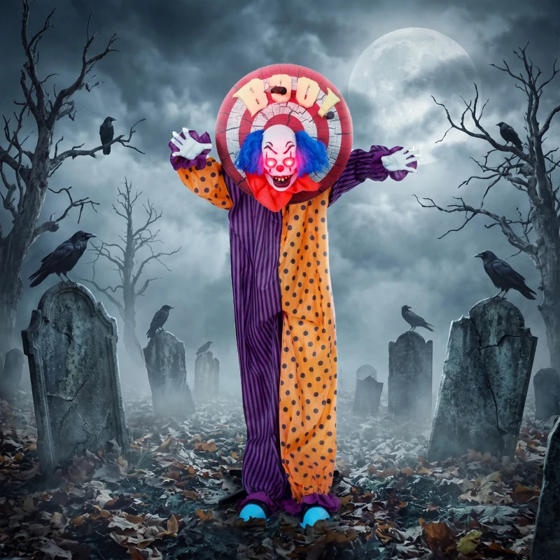 Full-body animated clown decoration with red face, blue wig, and orange polka-dot purple stripes