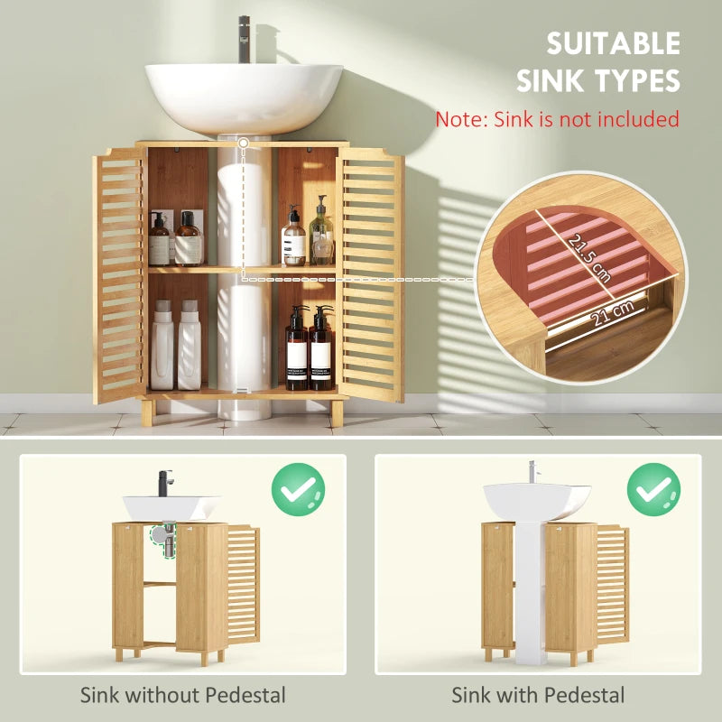 Under-sink cabinet in natural wood with louvered doors, open interior with adjustable shelf