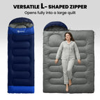 Navy blue sleeping bag with hood and L-shaped zipper, opened flat for use