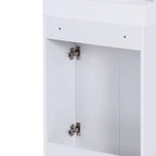 White under-sink vanity cabinet interior with two doors and metal hinges