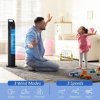 Black floor-standing tower fan creating an airflow stream