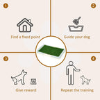 Illustrated steps for guiding a dog on a green artificial grass training pad