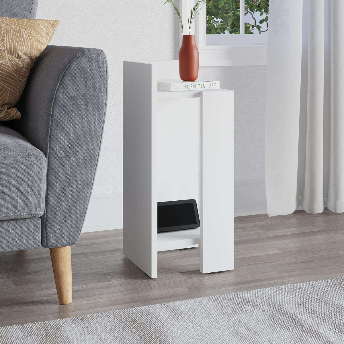 White narrow bedside table left module with open front shelf and interior storage