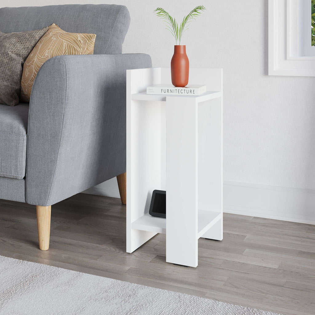 White narrow left bedside table module with open shelves and compact side panels