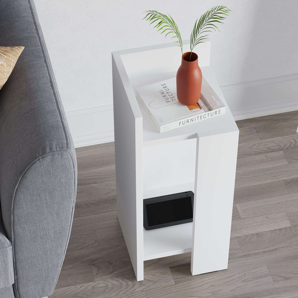 White narrow left bedside table module with top ledge and open lower shelf