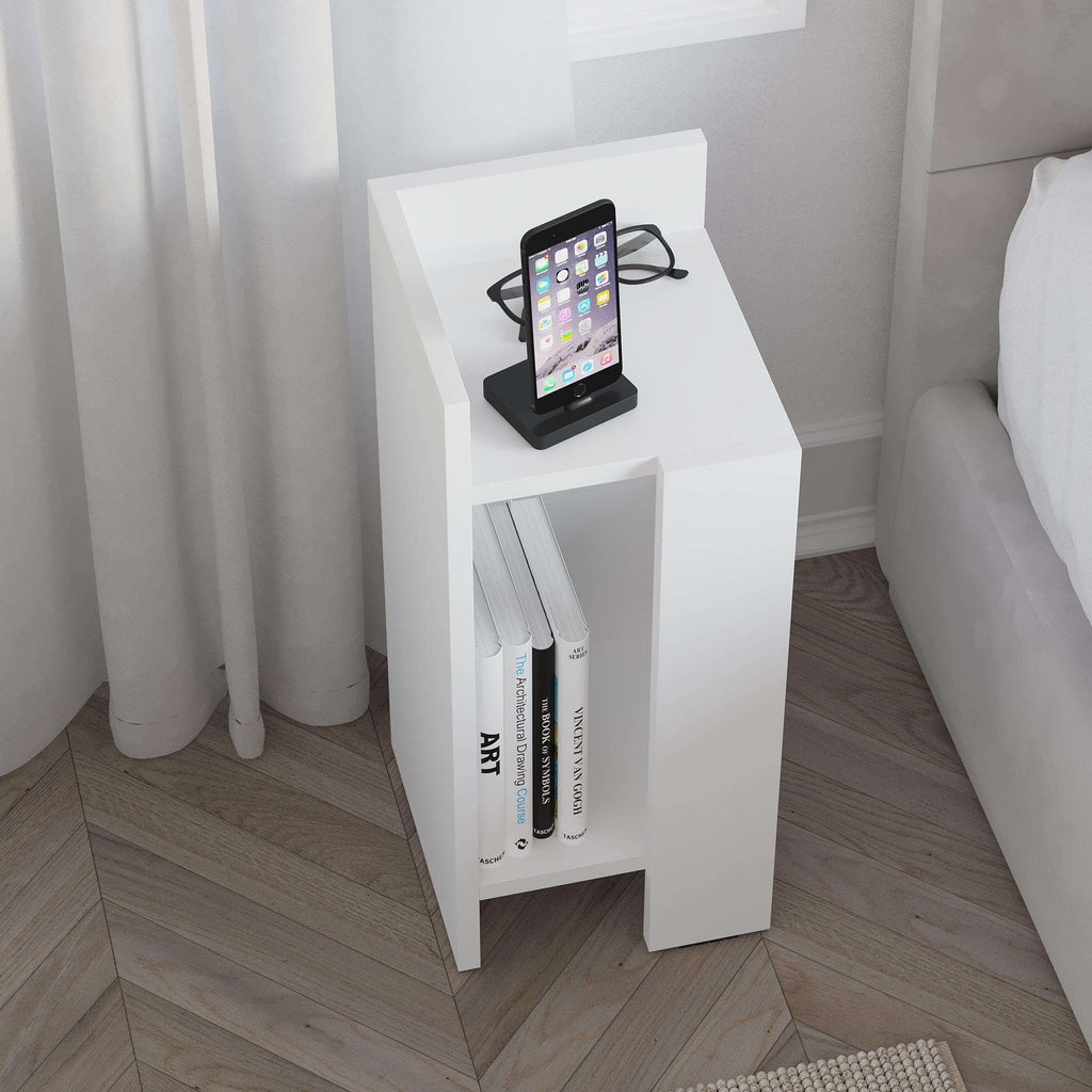 White narrow bedside table left module with open top and bottom storage compartments