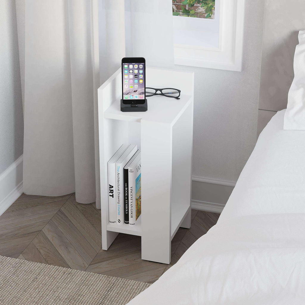 White narrow bedside table module with open shelf and tablet on top