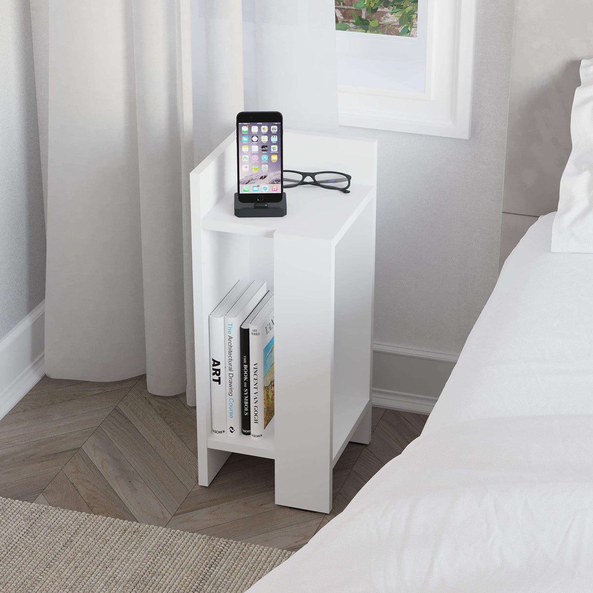 White narrow bedside table module with open shelf and tablet on top