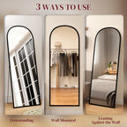 Black standing mirror showing freestanding and wall-mount viewing angles