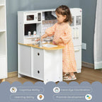 White kids play kitchen with sink faucet and front cabinet drawers