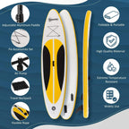 Inflatable paddle board kit with white-and-yellow board and black non-slip deck