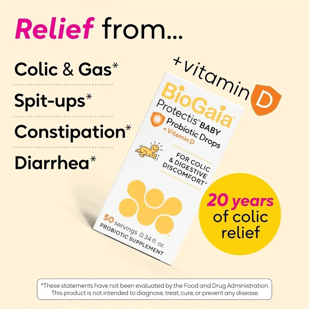 BioGaia Protectis Baby drops pouch and tube with Vitamin D probiotic label