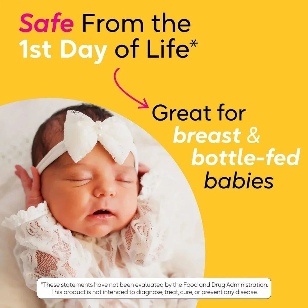 Baby with BioGaia Protectis Baby drops tube on fabric, safe from day one