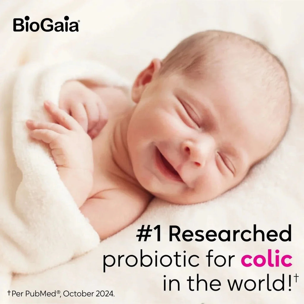 Sleeping newborn with BioGaia branding #1 researched probiotic for colic