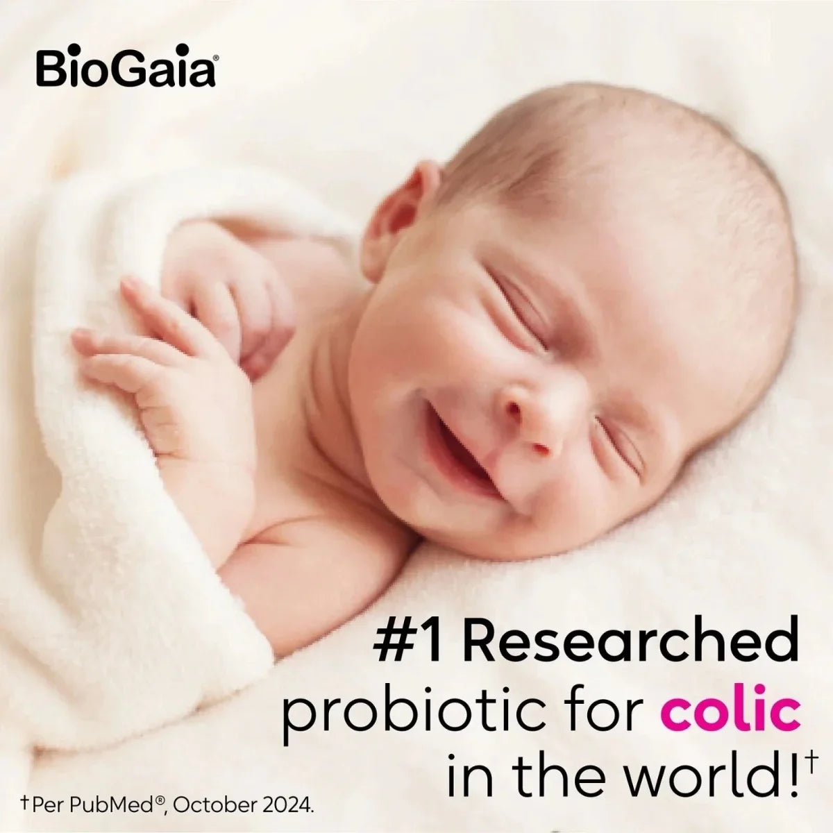 Sleeping newborn with BioGaia branding #1 researched probiotic for colic