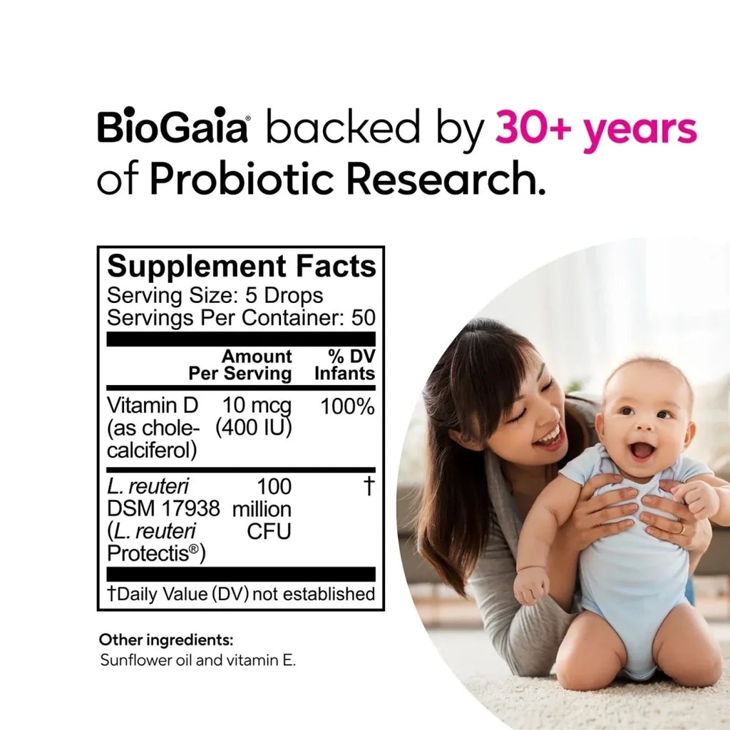 BioGaia Protectis Baby supplement facts panel, serving size 5 drops