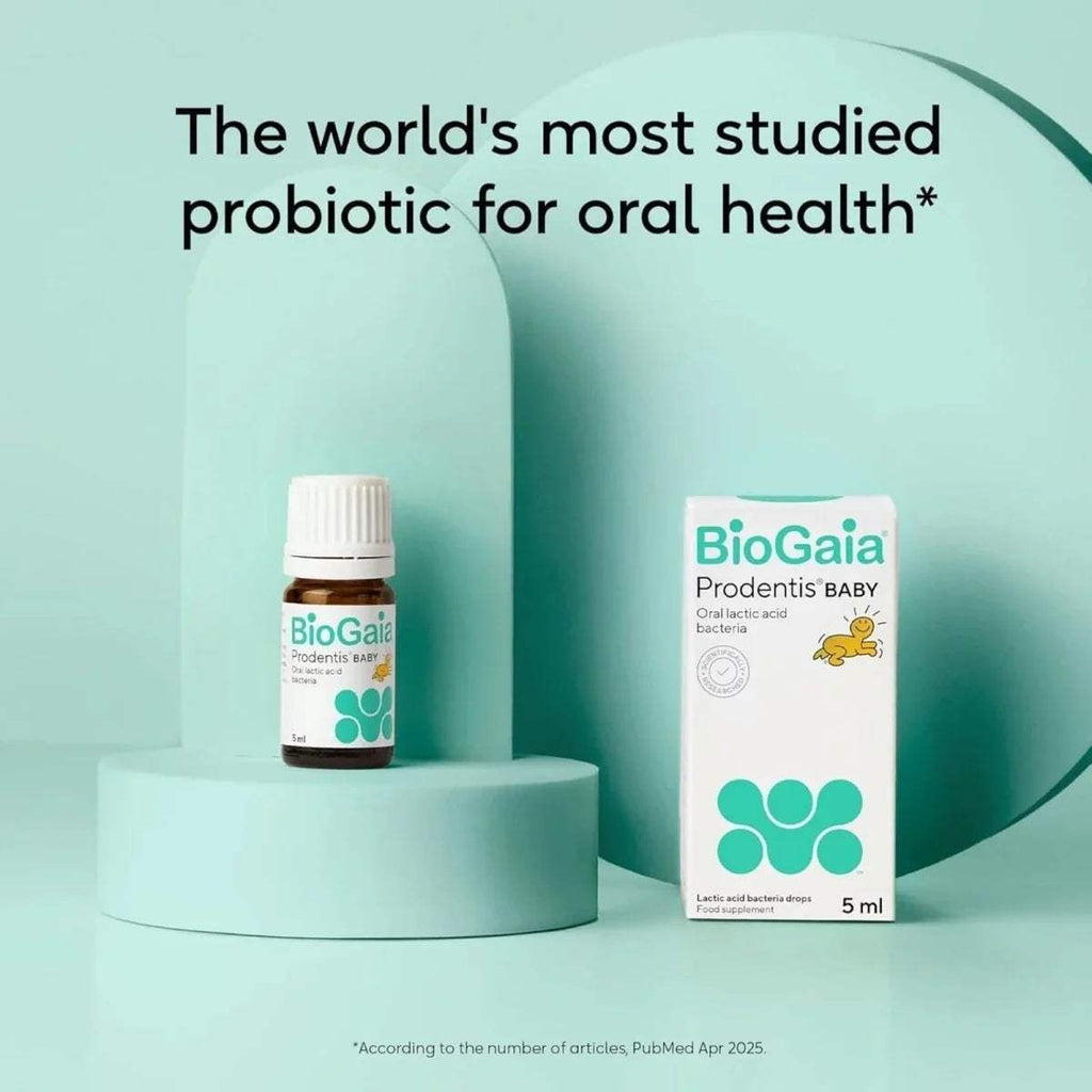 BioGaia baby probiotic drops bottle and carton on white pedestal, 5 ml