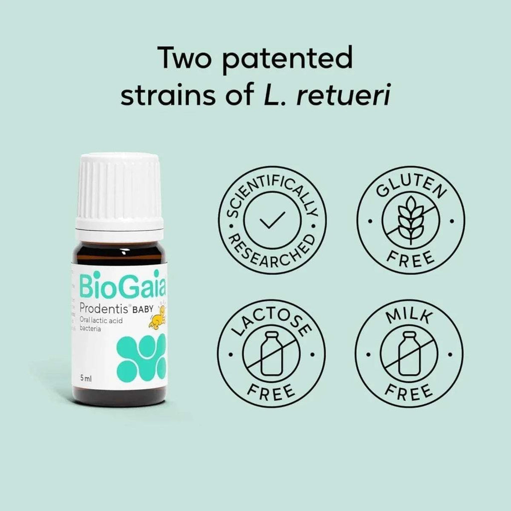 Baby probiotic drops bottle with lactose-free, gluten-free, milk-free icons