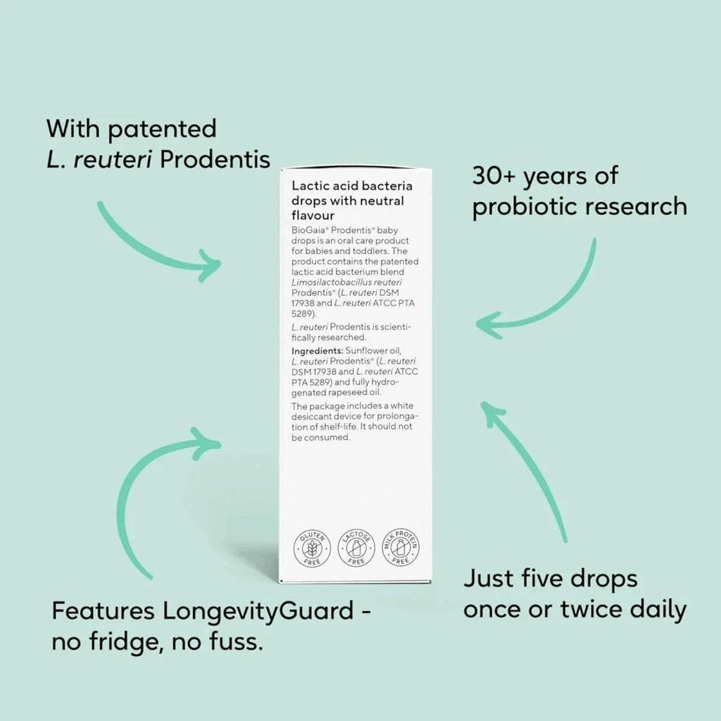 Probiotic baby drops carton and bottle with feature arrows