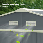 Grey metal shed side vents with four rectangular ventilation louvers near roof