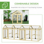 Combinable wooden chicken run with wire mesh walls and double-door front, natural wood finish