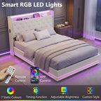 Cream bed frame with tufted headboard and RGB LED light strip, remote control