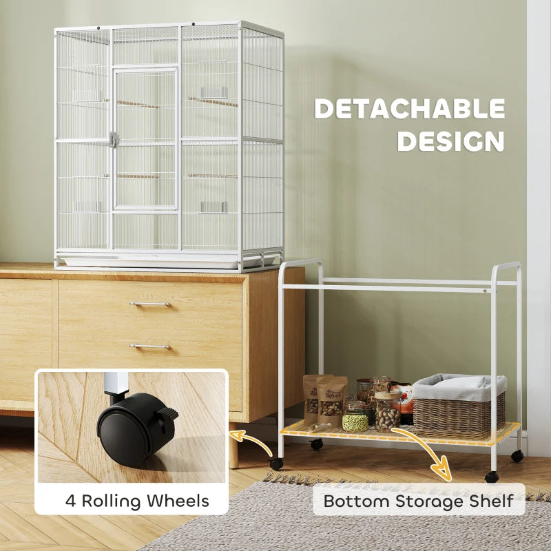 White bird cage with detachable design, bottom storage shelf, and four rolling wheels