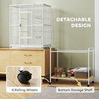 White bird cage with detachable design, bottom storage shelf, and four rolling wheels