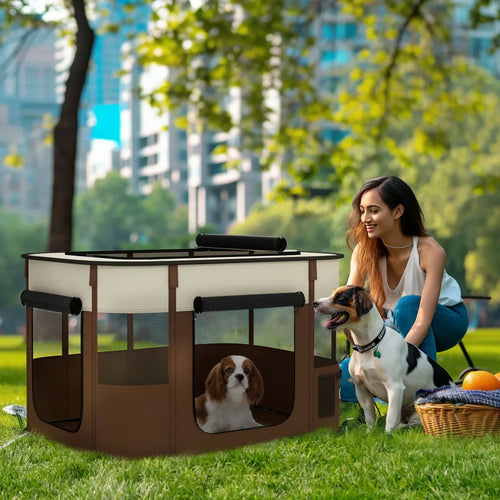 Brown portable dog playpen with mesh panels and black top cover, outdoor-ready