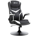 Black and white ergonomic gaming chair with padded seat, armrests, and round pedestal base