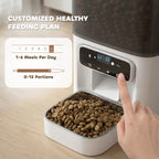 White cat feeder with open food compartment and finger tapping the timer controls