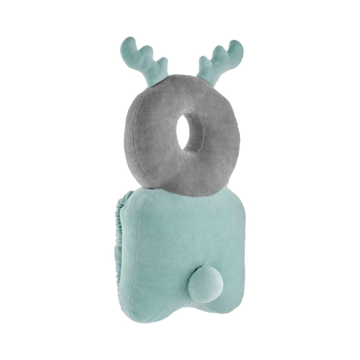 Plush baby head protector with gray donut cushion, mint green winged hood