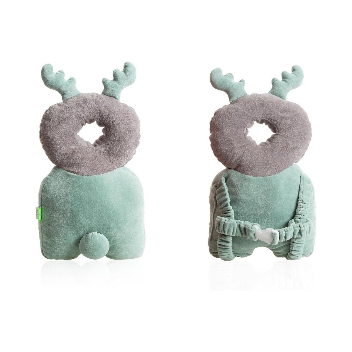 Plush baby head protector, gray donut ring and mint green winged back view