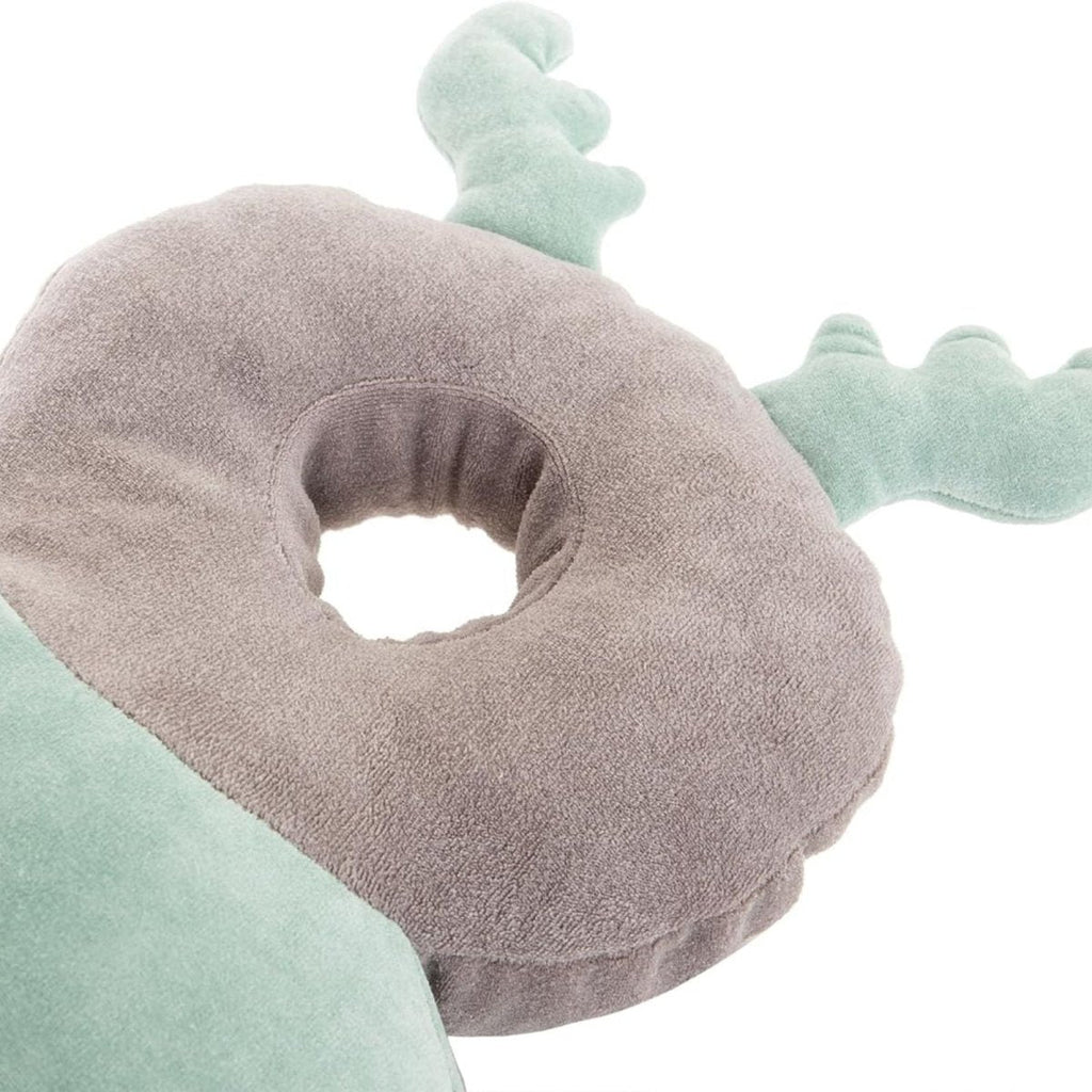 Plush head protector cushion with gray ring and mint green wing detail