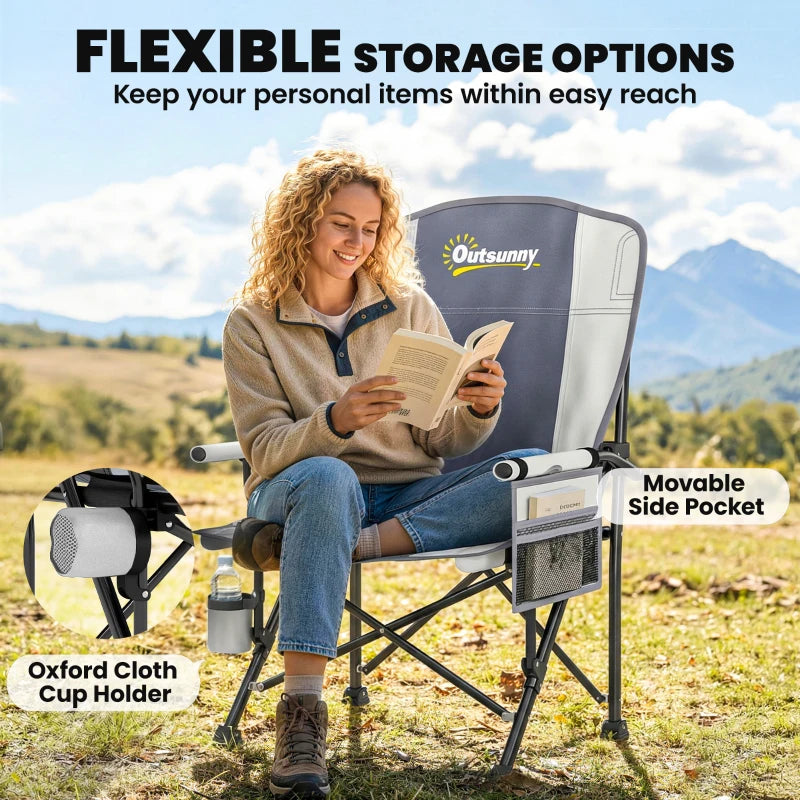 Light grey padded camping chair with movable side pocket and attached cup holder