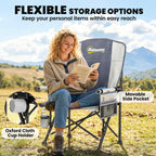Light grey padded camping chair with movable side pocket and attached cup holder