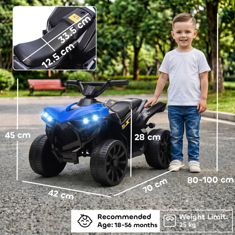 Blue electric ride-on ATV with LED headlights, shown with a small child