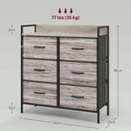 Grey wood-effect fabric drawer chest on metal legs with six drawer fronts, size view