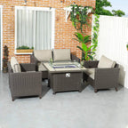 Dark brown rattan outdoor lounge set with loveseat, armchairs, and fire pit table with cushions