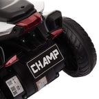 Kids electric ride-on motorcycle rear wheel and tail light, black housing with CHAMP plate