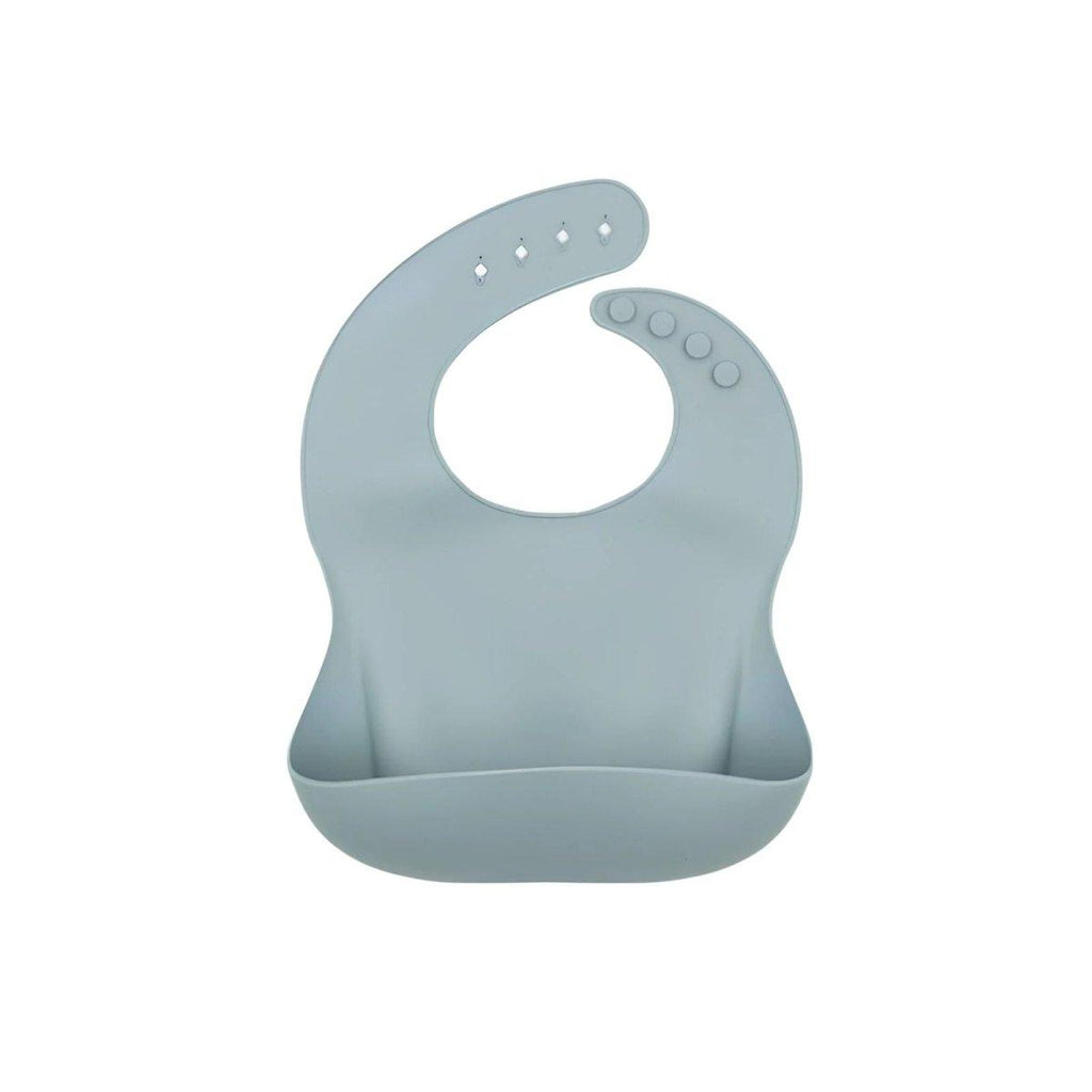 Dusky blue silicone baby bib with adjustable neck tab and crumb catcher pocket