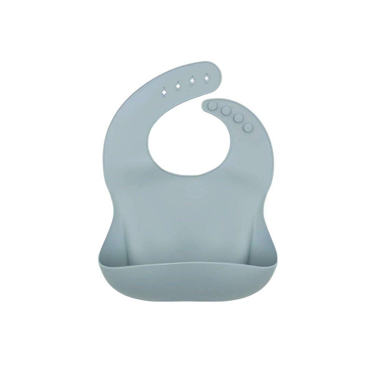 Dusky blue silicone baby bib with adjustable neck tab and crumb catcher pocket