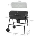 Black charcoal BBQ grill with ash catcher and warming rack; size diagram shown