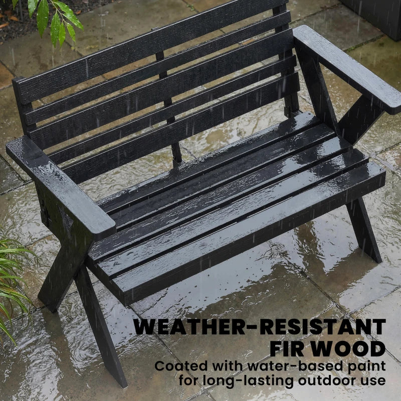 Black slatted wooden garden bench with armrests, weather-resistant coated finish