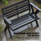 Black slatted wooden garden bench with armrests, weather-resistant coated finish